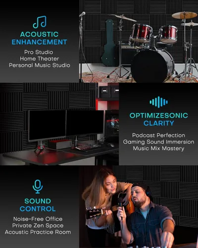 Vista 5 de Paquete de 96 paneles de espuma acústica a prueba de sonido para paredes, de 1 x 12 x 12 pulgadas, de alta densidad, con cancelación y reducción