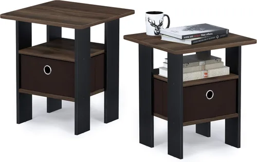 Vista 18 de Furinno ANDREY - Mesa auxiliar, mesa de centro, mesita de noche con estantes abiertos y contenedor de almacenamiento, mesa de cabecera, para sala