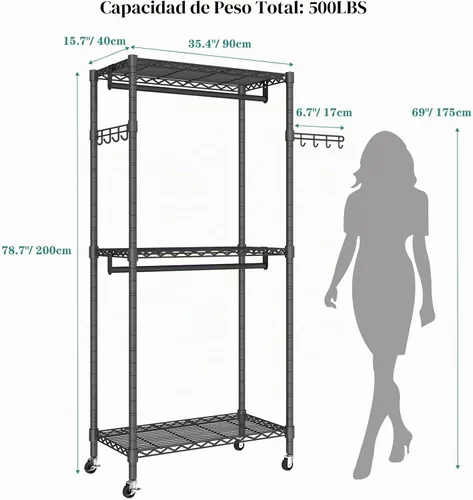 Vista 5 de Perchero Rodante de Servicio Pesado para Ropa, 3 Niveles de Estantes de Alambre Ajustable Independiente Portátil Perchero Rodante para Ropa con Negro