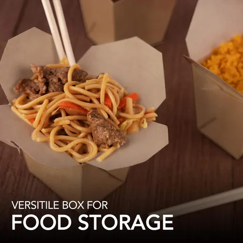 Vista 4 de Recipientes de comida para llevar de 16 onzas para microondas, caja de papel kraft marrón chino para llevar (paquete de 50) resistente a fugas