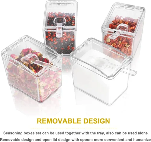 Vista 2 de Caja transparente para condimentos, 4 unidades, estante acrílico para condimentos, contenedor de almacenamiento de condimentos, tarro de especias