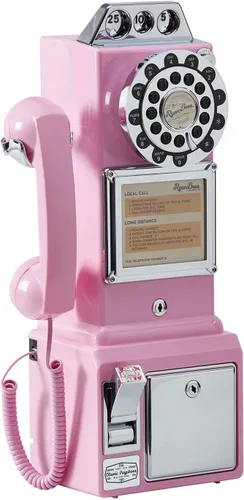 Vista 11 de Ryan Bros. Teléfono de pago retro americano de los 1950 con banco de monedas, teléfono fijo de pared con cable (negro)