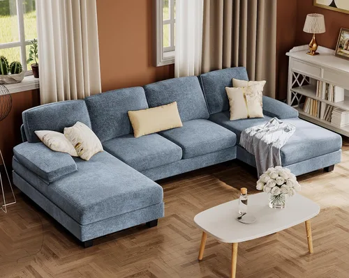 Vista 11 de Furmax - Sofás seccionales para sala de estar, sofá en forma de U con tela de lino, juego de sofá de 4 plazas con doble chaise para apartamento Beige