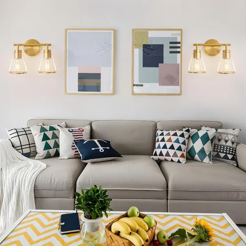 Vista 6 de Accesorios de iluminación de baño sobre espejo Luces de tocador doradas de 2 luces con pantalla de vidrio transparente de 14 pulgadas Luces