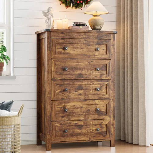 Vista 12 de Xixini - Cómoda para dormitorio con 5 cajones, cómoda alta de madera, organizador moderno de ropa estilo granja, gabinete de almacenamiento con asas