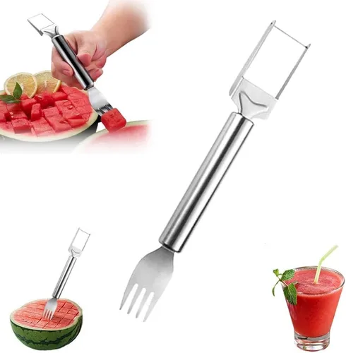 Cortador de frutas de acero inoxidable 2 en 1, cortador de sandía mejorado, tenedores de fruta de doble cabeza para el hogar, cocina, campamento (1