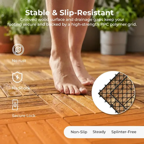 Vista 5 de Majestick Goods Azulejos largos entrelazados de 12 x 12 pulgadas – Elegantes azulejos de patio para suelos de exterior – Madera de acacia duradera