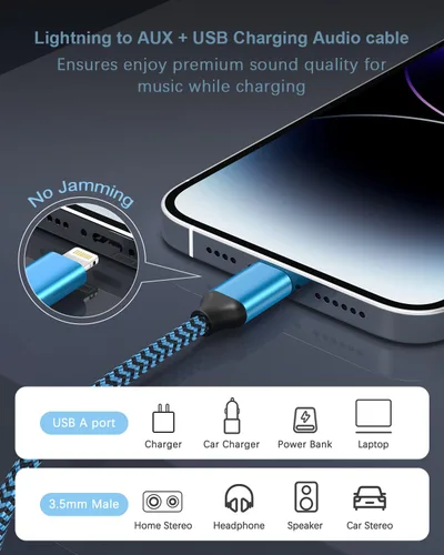 Vista 4 de Cable auxiliar para iPhone para automóvil, cable auxiliar Lightning a 0.138 in, cable auxiliar 2 en 1 de audio y carga para el hogar, altavoz