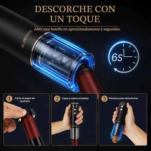 Vista 4 de BLUBYEES Juego de abridor de vino eléctrico recargable 4 en 1 - Sacacorchos automático, cortador de aluminio, aireador y vertedor, tapón de vacío