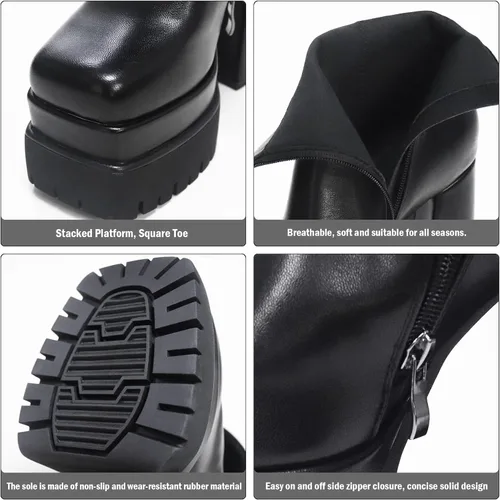 Vista 4 de Eldof Botas de plataforma para mujer con tacón alto grueso, botas con cremallera lateral