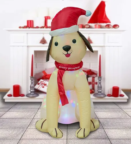 Vista 7 de Perro inflable de 4 pies con luces LED, decoración navideña para exteriores/interiores para patio, césped, hogar, decoración navideña para cachorros