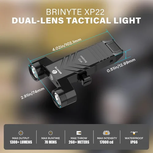 Vista 2 de Brinyte XP22 - Linterna táctica de doble cabeza de 1300 lúmenes, linterna magnética recargable de bajo perfil Picatinny con luz estroboscópica