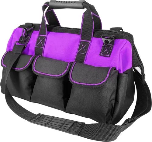 Bolsa de herramientas morada de 16 pulgadas para mujer, correa de hombro ajustable con pies antideslizantes, 14 bolsillos funcionales, caja de