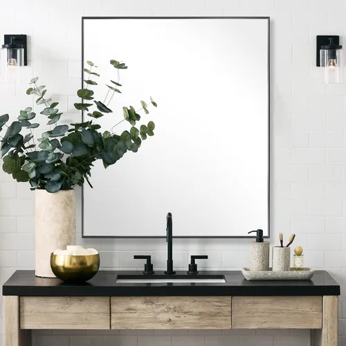 Vista 58 de 24x24 Inch Black Bathroom Mirror for Wall, Aluminum Frame Rectangle Rectangular Vanity Mirror, Modern Large for Bedroom, Living Room, Horizontal or