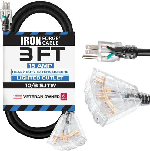 Iron Forge Cable 3 ft Lighted 10 Gauge Extension Cord 3 Outlets - Heavy Duty Extension Cord Outdoor with Multiple Outlets 15 AMP, 10/3 Black Power