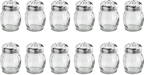 New Star Foodservice 22377 Mini salero y pimentero de vidrio con remolino para queso y pimiento rojo triturado con tapa perforada de acero