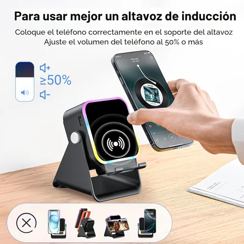 Vista 6 de Altavoz de inducción con soporte para teléfono 5 en 1 Audio inalámbrico de inducción Bluetooth para iPhone Android Altavoz con amplificador con luz