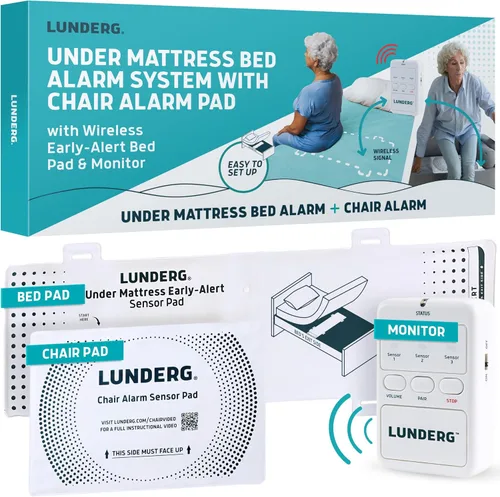 Lunderg Alarma para cama debajo del colchón para adultos mayores y juego de alarma para silla – Almohadilla de colchón inalámbrica de alerta