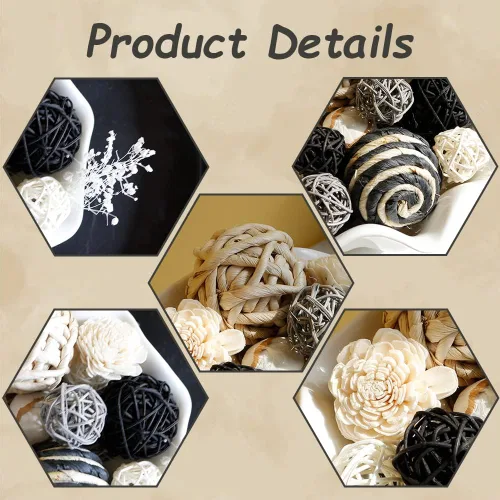 Vista 5 de Qingbei Rina Bolas Decorativas Negras para Cuencos, Bolas Assortidas de Mimbre y Ratán Decorativas, Bolas para Relleno de Jarrón y Vaso, Esferas