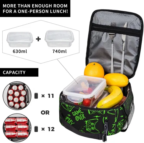 Vista 3 de Bolsa de almuerzo con joystick de juego verde, bolsa de almuerzo aislada, contenedor de comida para escuela, trabajo, picnic, viajes