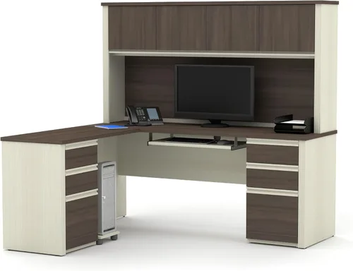 Bestar Prestige + Moderno escritorio de oficina en forma de L con dos pedestales y gabinete, 72 W, chocolate blanco y Antigua