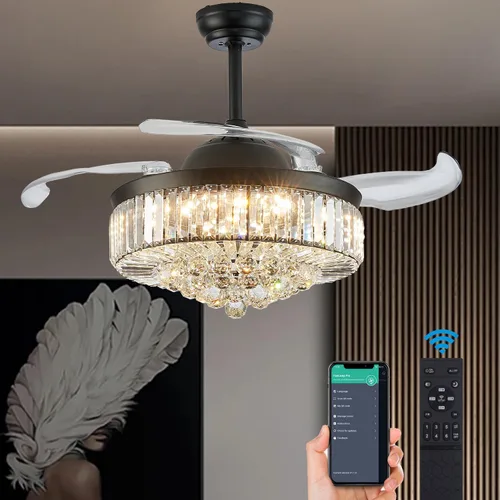 Vista 12 de DuMaiWay Ventilador de techo de cristal regulable de 36 pulgadas con luces y control remoto, moderno e invisible, aspas retráctiles, kit de lámpara