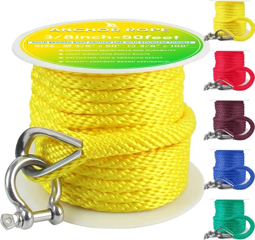 Vista 14 de Cuerda de anclaje prémium de 100 pies x 3/8 pulgadas, cuerda de anclaje MFP maciza con dedal y grillete, color naranja/amarillo