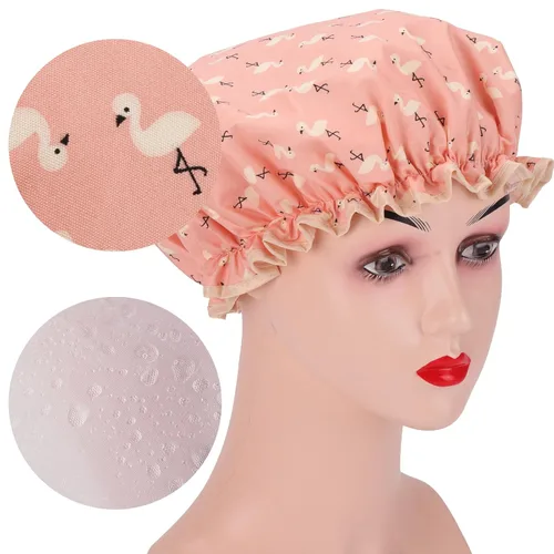 Vista 5 de 4 Piezas Gorros de Ducha para Mujeres y Niña, Gorro de Baño Reutilizable e Impermeable con Doble Capa Impermeable, Patrón de Pájaro y Corazón