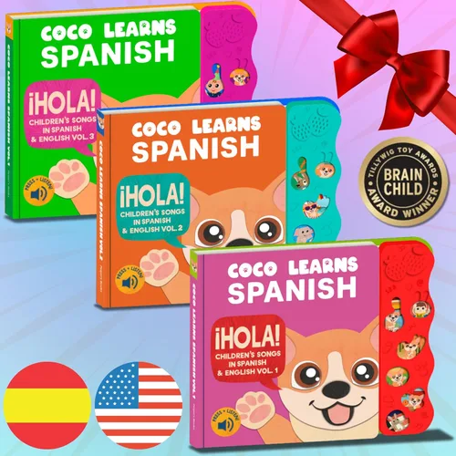 Coco Learns Spanish Paquete de ofertas: libro interactivo de tablero de sonido para niños pequeños de 1 a 3 años, canciones y música bilingües en