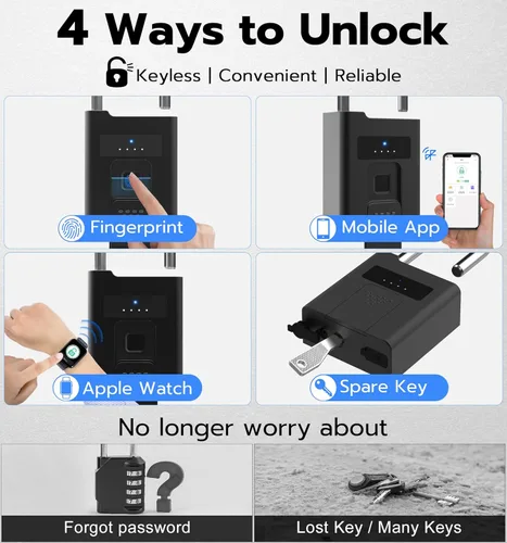 Vista 3 de eLinkSmart Candado de huellas dactilares con llave de respaldo, candado electrónico digital inteligente biométrico resistente a la intemperie