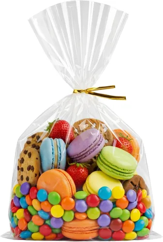 Vista 13 de Wowfit 100 bolsas de celofán plano transparente de 5 x 7 pulgadas con lazos dorados de 4 pulgadas, embalaje de celofán para donas, galletas, dulces