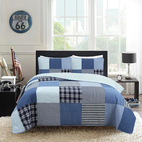 Vista 23 de Cozy Line Home Fashions Juego de ropa de cama acolchada reversible para niño de 100% algodón a rayas azul marino, colcha cubrecama para todas