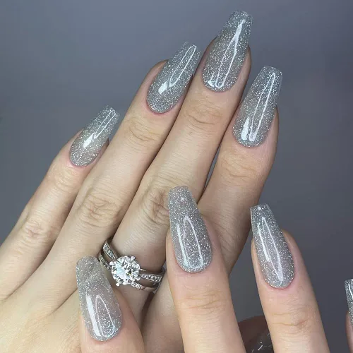 Vista 3 de Redykat 24 uñas postizas a presión de ataúd brillantes hechas a mano, uñas postizas de gel extralargas, purpurina gris