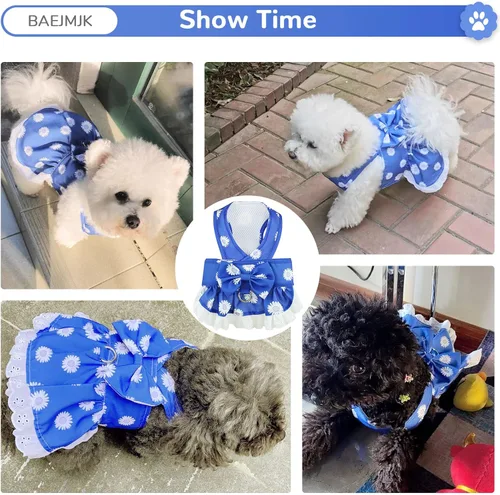 Vista 3 de BAEJMJK Juego de arnés y correa para perros pequeños, vestido de cachorro con lazo floral para niña, transpirable, lindo vestido de princesa