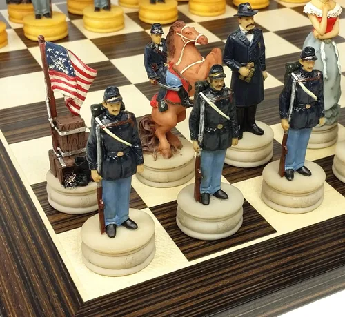 US American Civil WAR Queens Chess Set with 14" Ebony and Maple Veneer Board