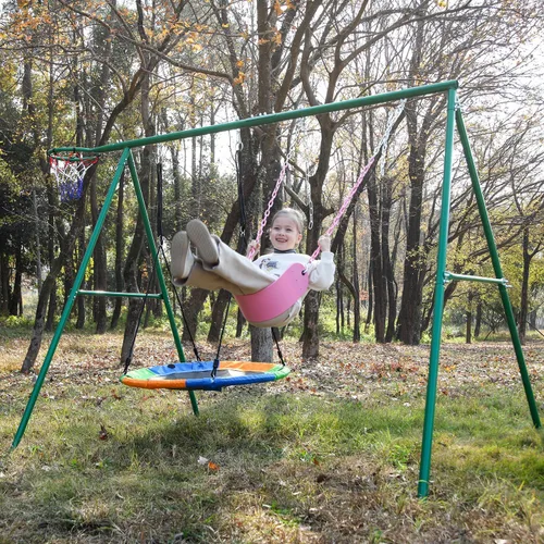 Vista 2 de Asiento de columpio rosa - Cadena resistente con revestimiento de plástico - Juego de accesorios de repuesto para columpio de parque infantil, juego