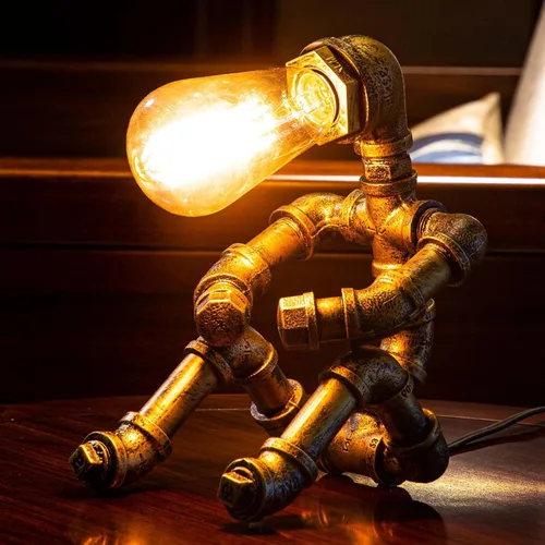 Vista 5 de Lámpara de Mesa Steampunk, Lámpara de Mesa de Robot de Metal Industrial Vintage, Lámpara de Mesa de Tubería de Agua, Luz de Escritorio Estilo Robot