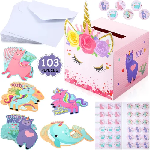 Zonon Buzón de San Valentín, tarjetas de unicornio para el día de San Valentín, regalos con sobres y calcomanías para intercambio en el aula (1
