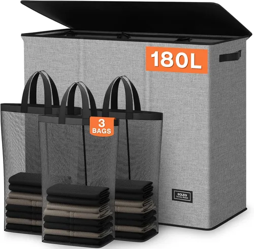 Vista 17 de SOLEDI Cesta de ropa sucia de 180L de 3 secciones, cesta de ropa sucia extra grande con tapa, cesta de ropa sucia con asa resistente, organizador