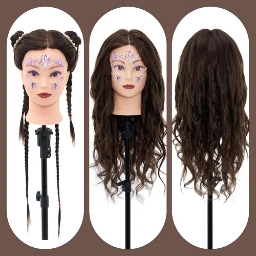 Vista 3 de Cabeza de maniquí de 28 pulgadas con 80% cabello real, cabeza de muñeca de práctica de maniquí de cosmetología, cabeza de trenzado con soporte