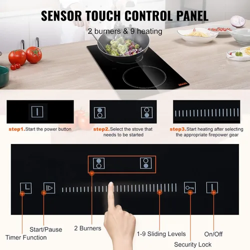 Vista 3 de VEVOR Placa de cocina eléctrica integrada, cocina de cerámica de 12 pulgadas con 2 quemadores, cocina radiante de vidrio con control táctil
