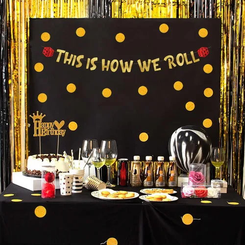 Vista 7 de Cartel con purpurina con temática de casino con texto en inglés «This Is How We Roll», decoraciones de despedida de soltera para ella, suministros