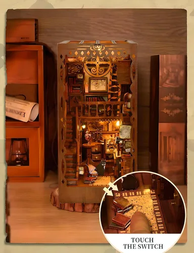 Vista 4 de Kit de rincón de libros en miniatura para bricolaje, biblioteca de sueños académicos con luz LED, rompecabezas de diorama de sujetalibros de madera