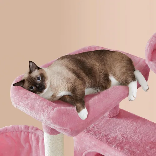 Vista 33 de Yaheetech - Árbol para gatos de 64.5 pulgadas con poste rascador, cama para gatos con cubierta de felpa y hamaca, plataforma, percha para gatos