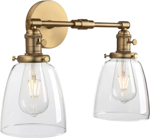 Phansthy Apliques de pared industriales retro de 2 luces, lámpara de tocador de baño, lámpara de pared con doble pantalla de vidrio transparente en