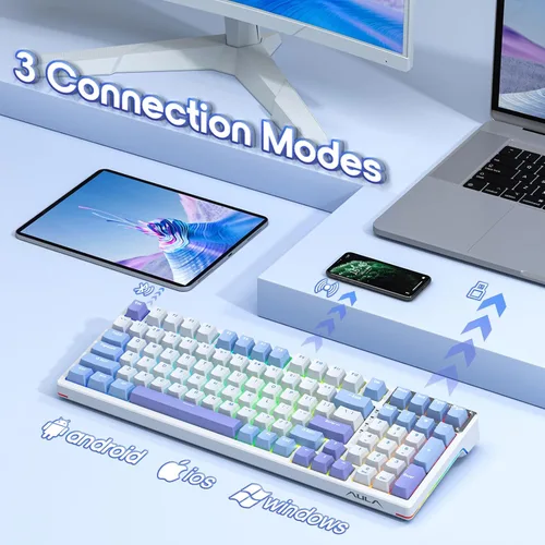 Vista 2 de AULA Teclado de 99 teclas, triple modo BT5.02.4GHzUSB-C, teclado mecánico personalizado intercambiable en caliente, teclado inalámbrico RGB