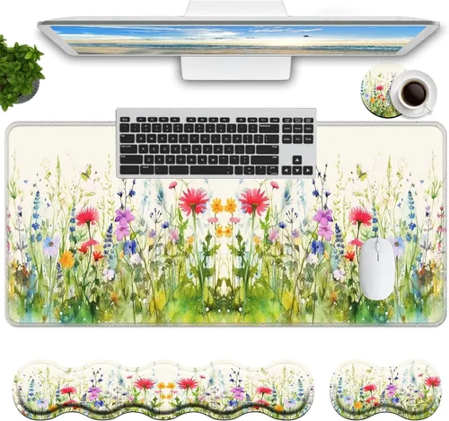 Vista 13 de Juego de alfombrillas de mouse para teclado, alfombrilla grande para mouse + reposamuñecas para teclado, soporte de muñeca + portavasos, alfombrilla