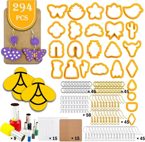 Vista 2 de Yayatty Kit de 294 piezas de arcilla polimérica para hacer aretes, 25 formas de cortadores de arcilla polimérica, cortadores de aretes de arcilla