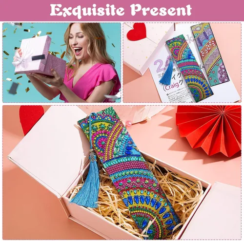 Vista 6 de 6 Pieces 5D Diamond Bookmark DIY Painting Bookmark Floral Beaded Bookmarks Leather Tassel Bookmark for DIY Making Arts Crafts Adults Graduation