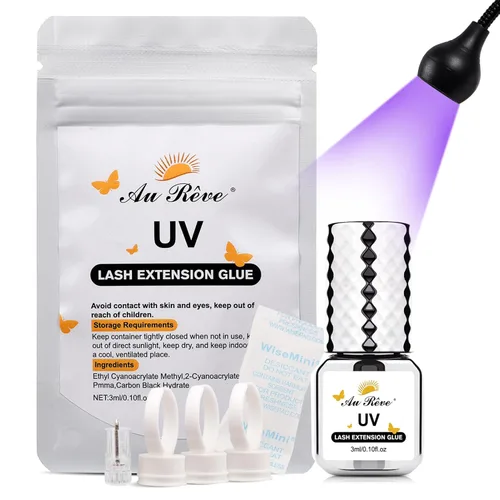 Vista 10 de Pegamento de extensión de pestañas UV de 0.1 fl oz, pegamento de pestañas extra fuerte, pegamento de pestañas UV, 20 almohadillas de doble ojo